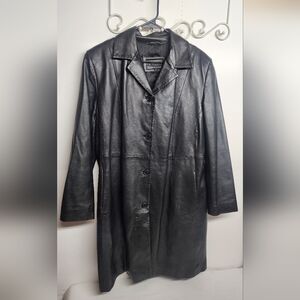 Beardmore Vintage Genuine  Black Quality Leather Long Lined Coat Sz14 Minimalist